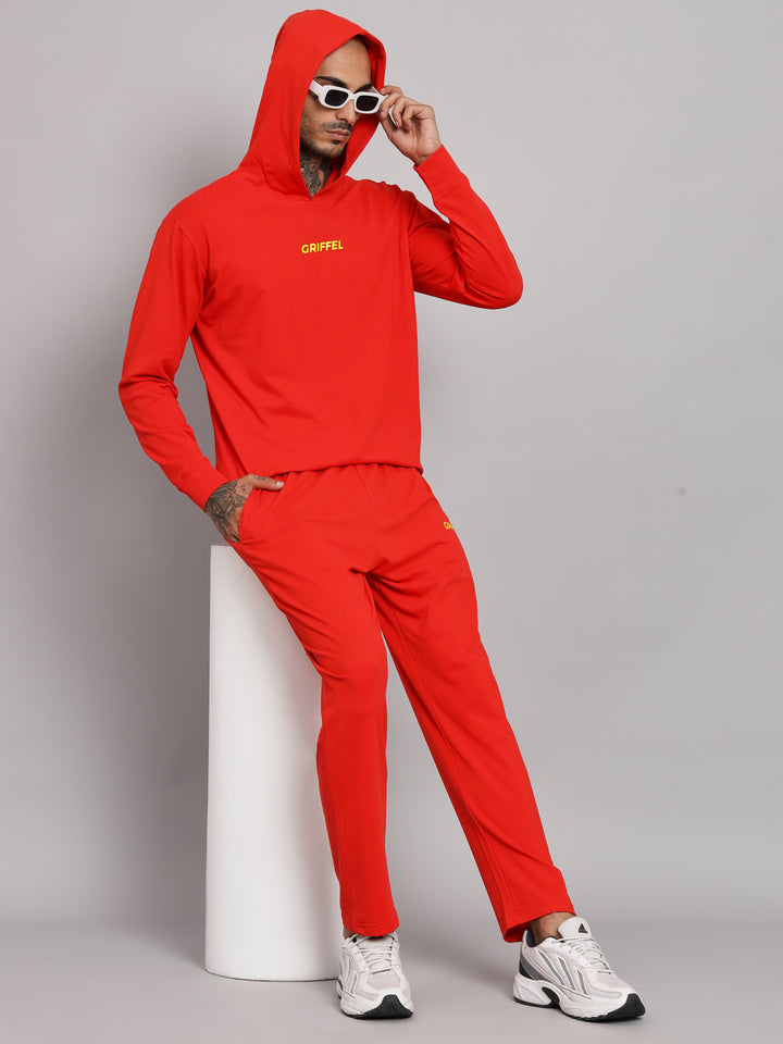 Griffel Men's Pre Winter Front Logo Solid Cotton Basic Hoodie and Joggers Full set Red Tracksuit - griffel