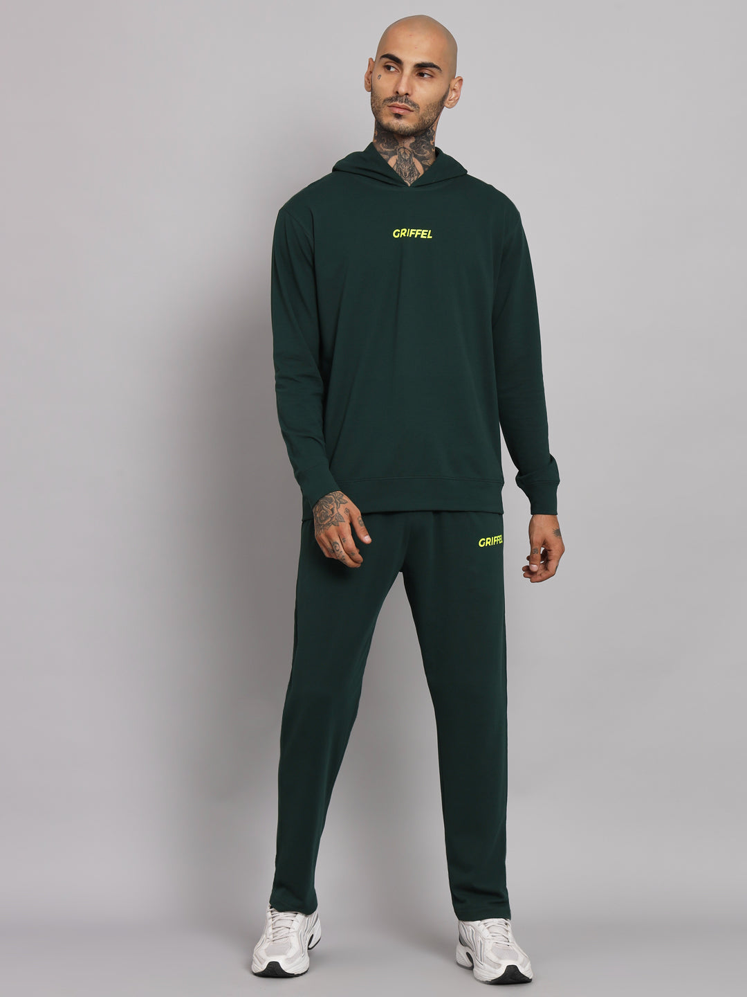 Griffel Men's Pre Winter Front Logo Solid Cotton Basic Hoodie and Joggers Full set Green Tracksuit - griffel