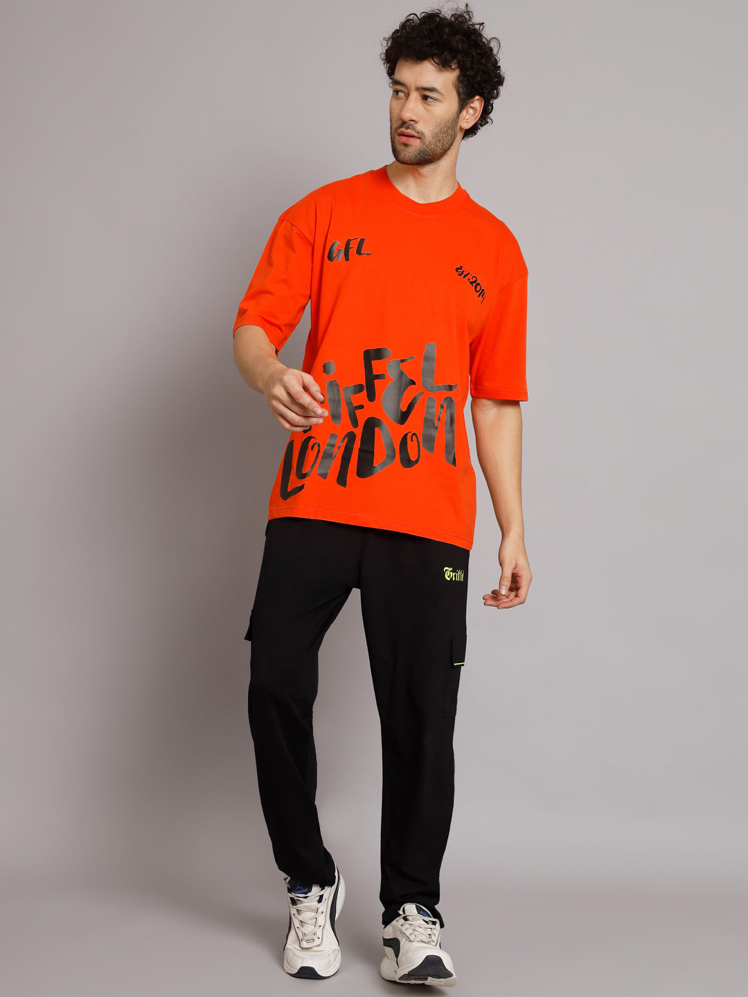 GRIFFEL Men Printed Neon Orange Oversized Drop Shoulder T-shirt - griffel