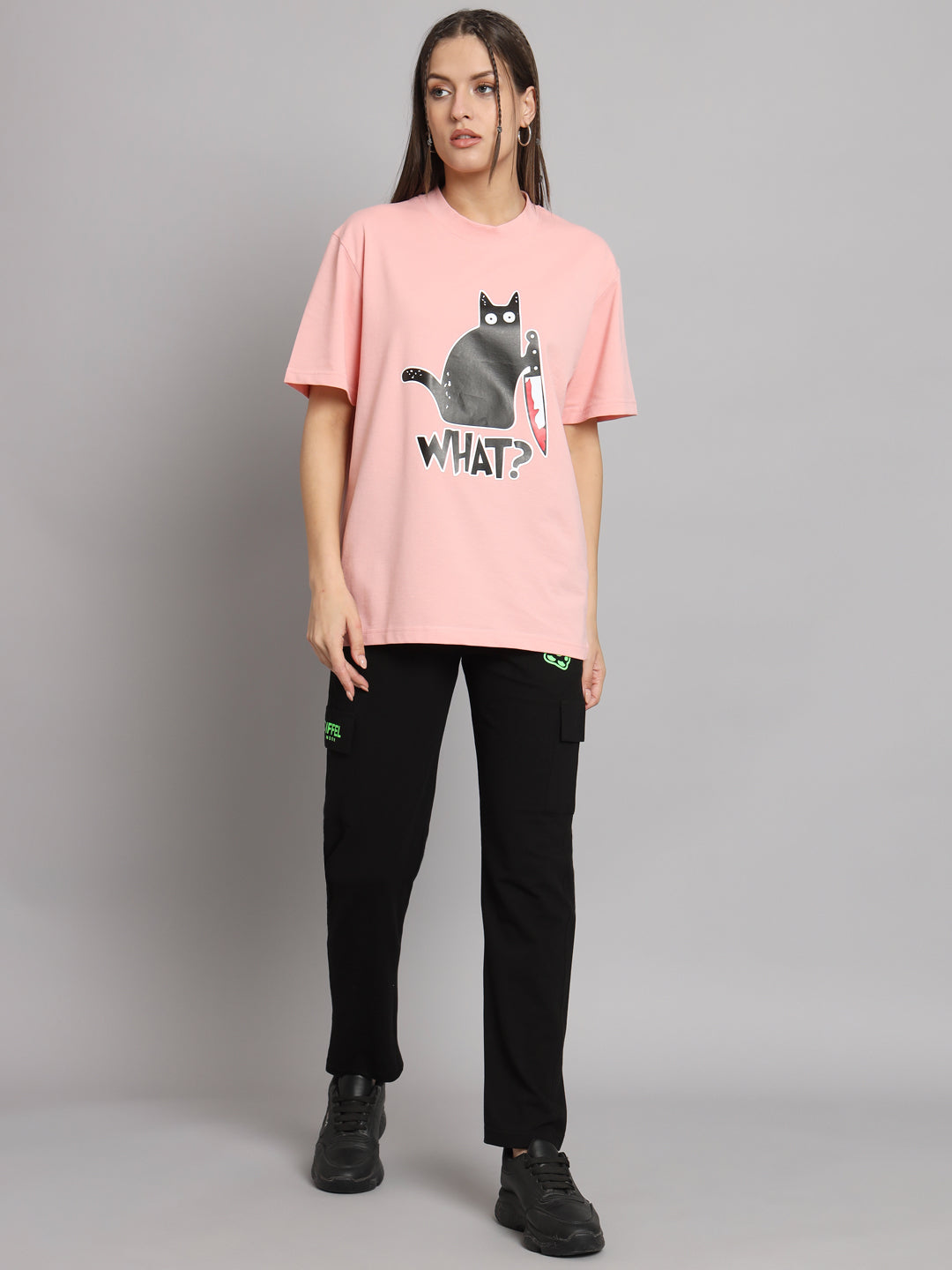 GRIFFEL Women CAT Printed Loose fit Pink T-shirt