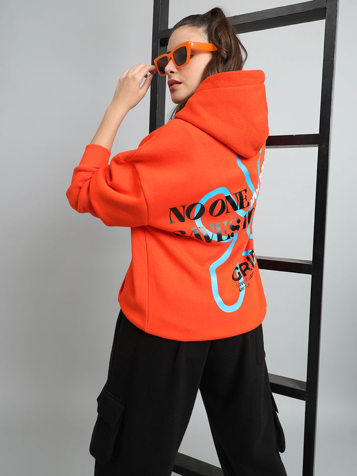 Griffel Women Oversized Fit No One Saves You Orange 100% Cotton Fleece Hoodie and trackpant - griffel