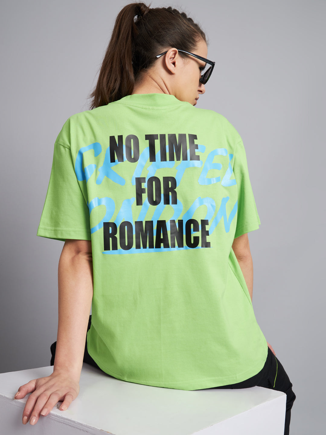 GRIFFEL Women NO TIME FOR ROMANCE Drop Shoulder Neon green T-shirt - griffel