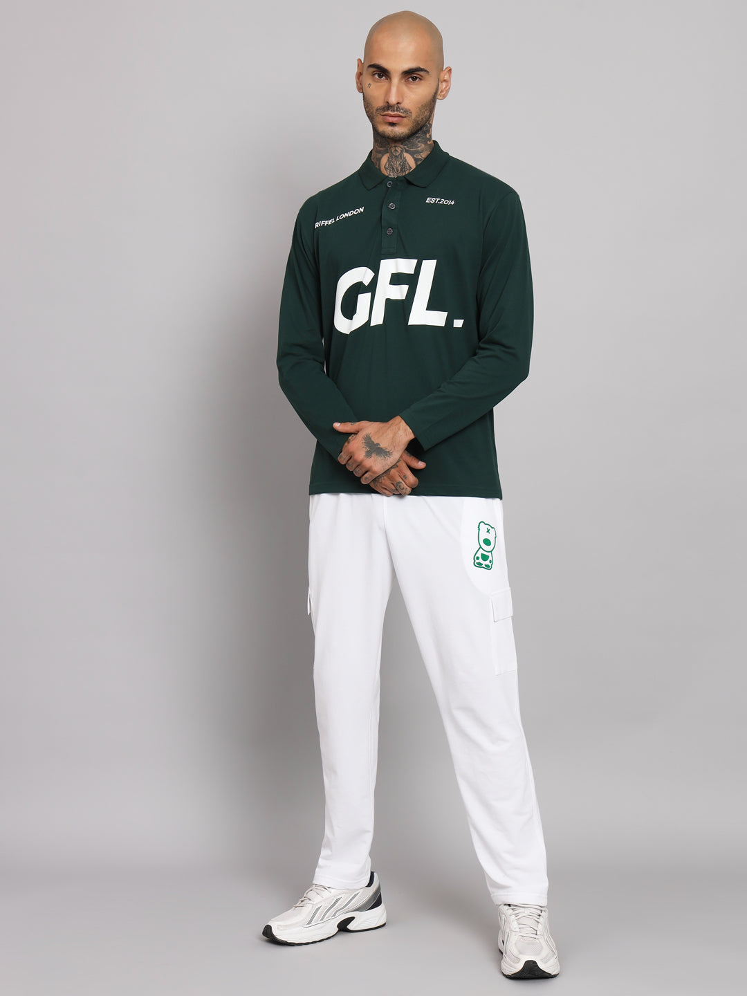 GRIFFEL Men's Green GFL Printed Cotton Full Sleeve Polo T-shirt - griffel