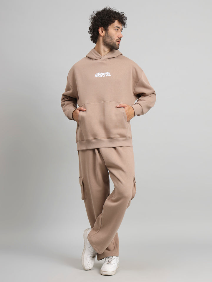 Griffel Men Oversized Fit Absent Minded Print 100% Cotton Camel Fleece Hoodie and trackpant
