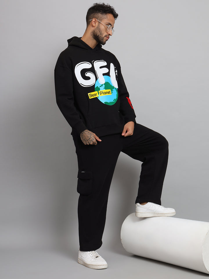 Griffel Men Oversized EARTH Print 100% Cotton Black Fleece Hoodie and trackpant - griffel