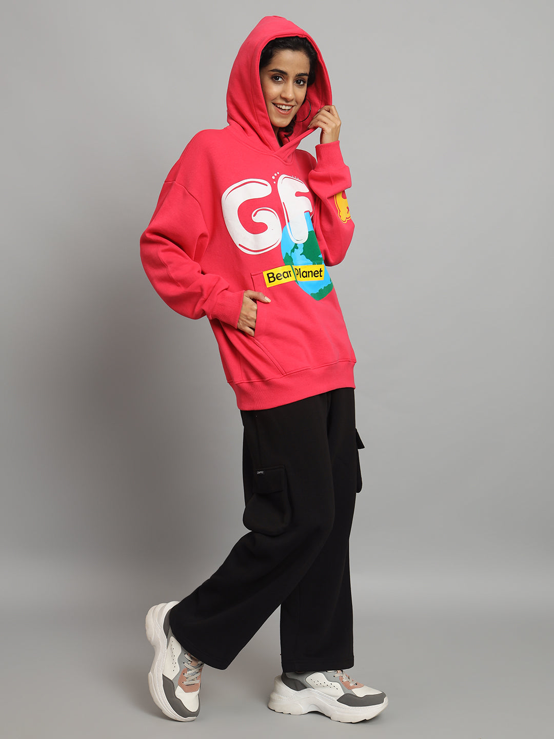 Griffel Women Oversized Fit EARTH Print 100% Cotton Neon Pink Fleece Hoodie and trackpant - griffel