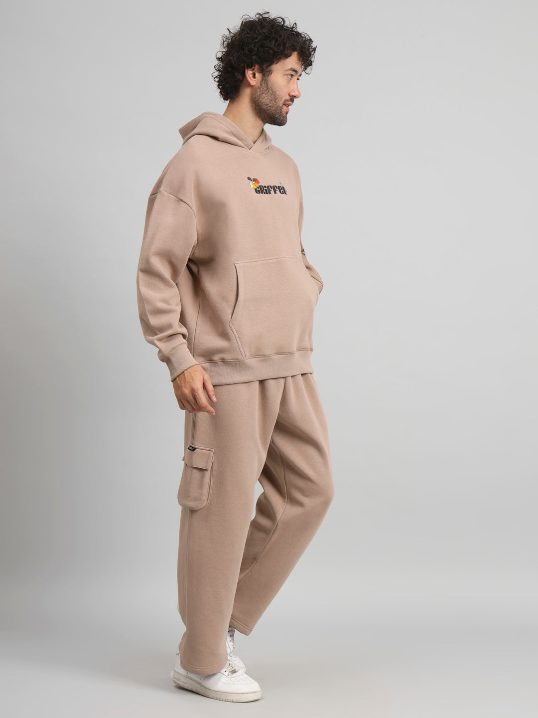 Griffel Men Oversized Fit Flower Print Front Logo 100% Cotton Camel Fleece Hoodie and trackpant - griffel