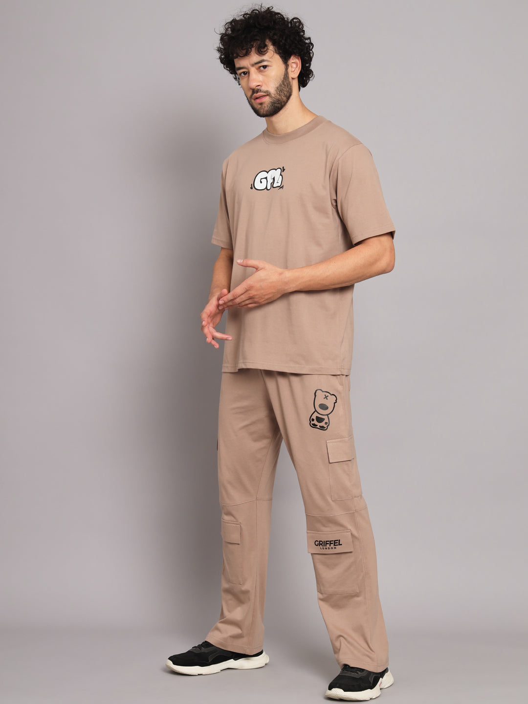 GRIFFEL Men Printed Camel Loose fit T-shirt and Bell Bottom Trackpant Set - griffel