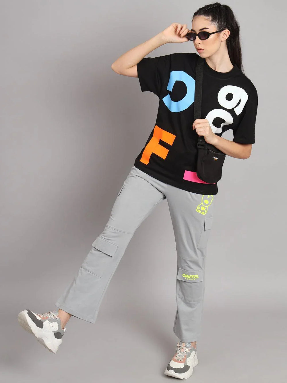 GRIFFEL Women Printed Loose fit Black T-shirt and Camel Bell Bottom Trackpant Set - griffel