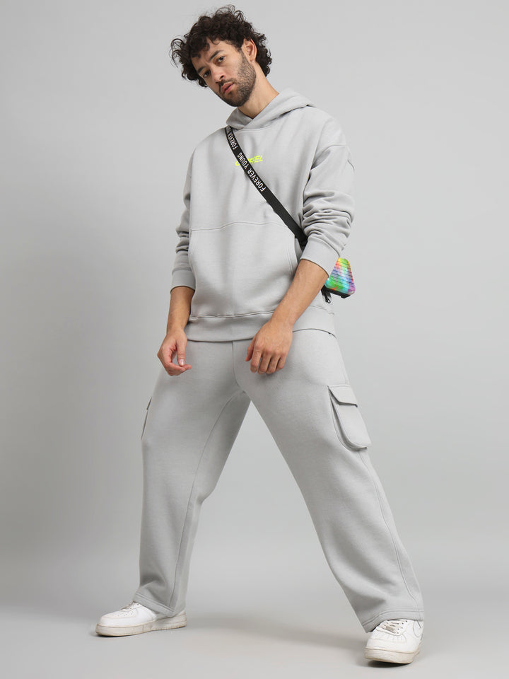 Griffel Men Oversized Fit Front Logo 100% Cotton Steel Grey Fleece Hoodie and trackpant