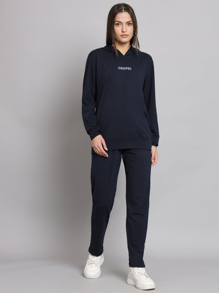 Griffel Women Solid Cotton Matty Basic Hoodie and Joggers Full set Navy Tracksuit - griffel