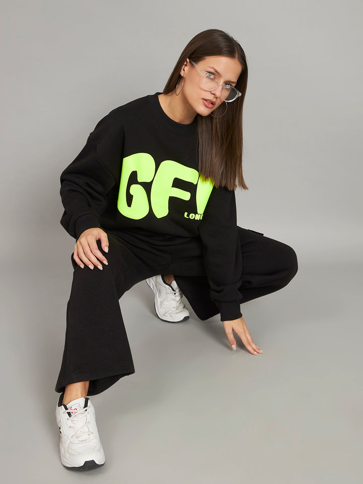 Griffel Women's Black GFL Oversized Round Neck 100% Cotton Fleece Sweatshirt