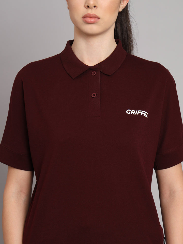 GRIFFEL Women Basic Solid Maroon Polo T-shirt - griffel