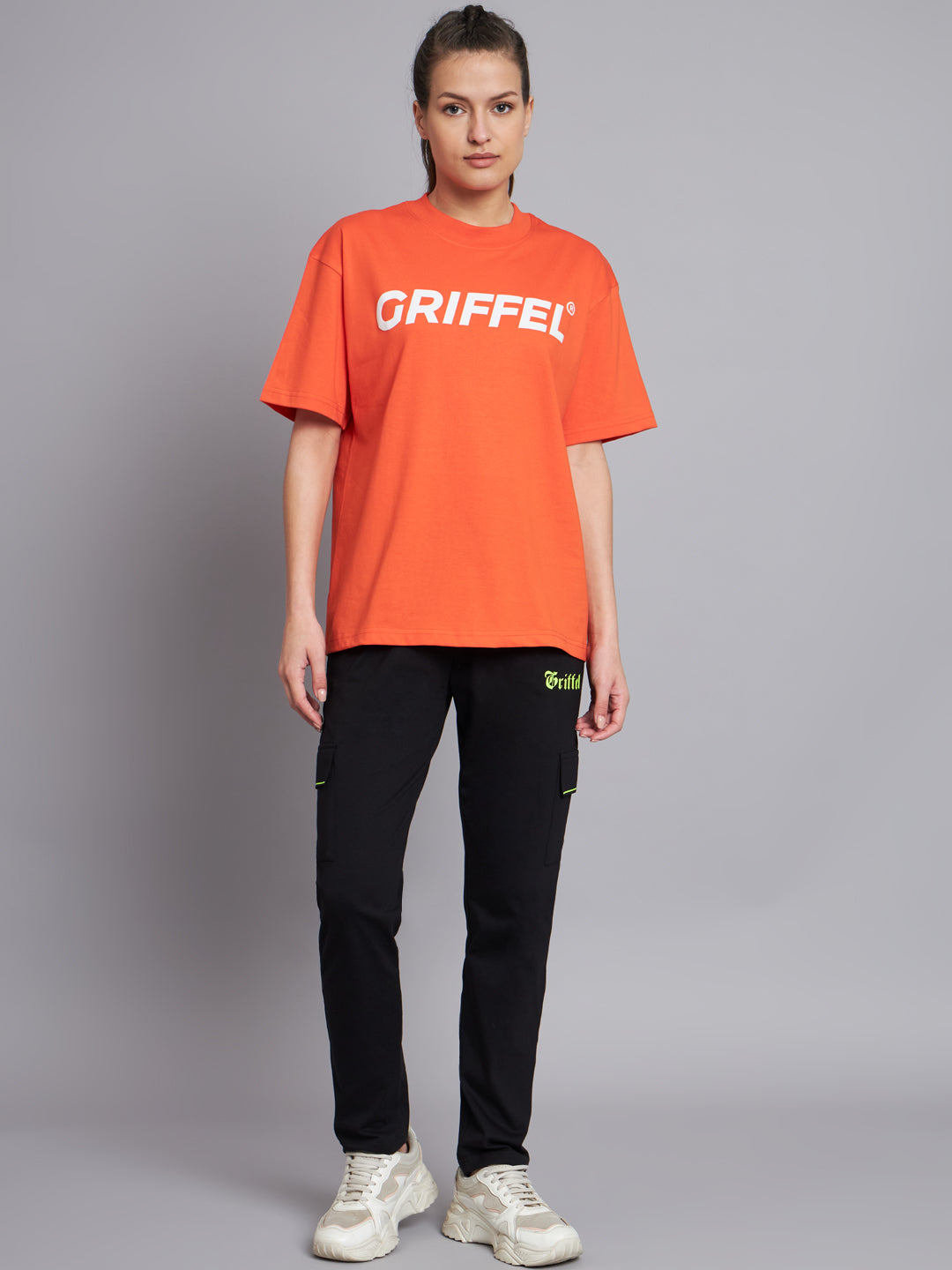 GRIFFEL Women Neon Orange Printed Oversized Loose fit T-shirt and Trackpant Set