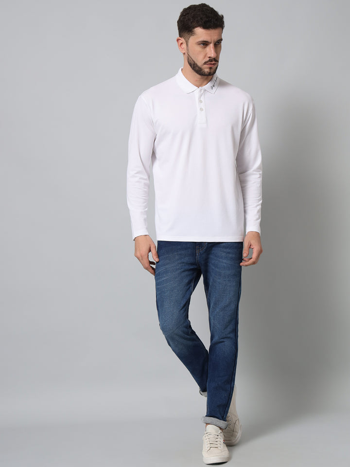 GRIFFEL Men's White Signature Print Cotton Full Sleeve Polo T-shirt - griffel