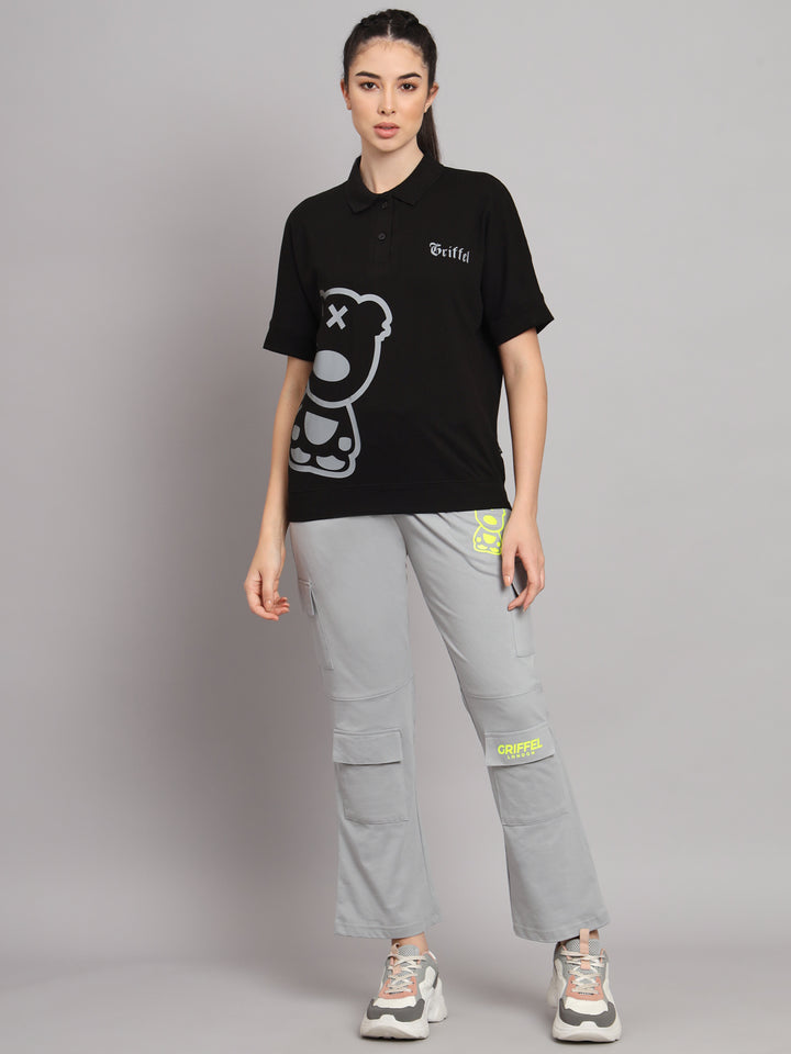 GRIFFEL Women Basic Solid Black Printed Polo T-shirt - griffel
