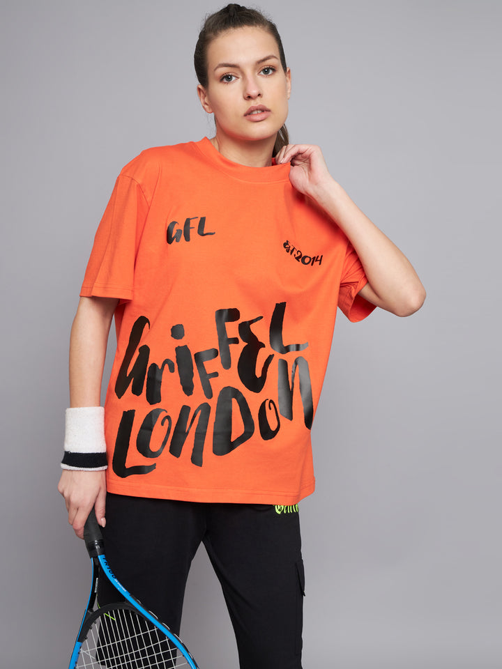 GRIFFEL Women Neon Orange Printed Oversized Loose fit T-shirt and Trackpant Set - griffel
