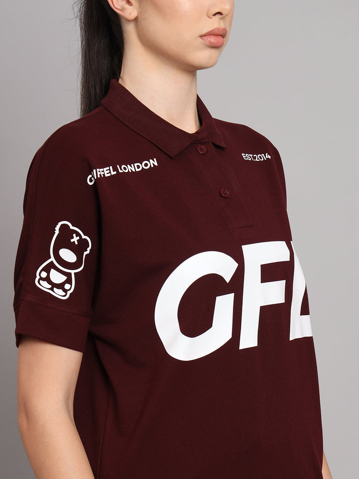 GRIFFEL Women Basic Solid Maroon Printed Polo T-shirt - griffel