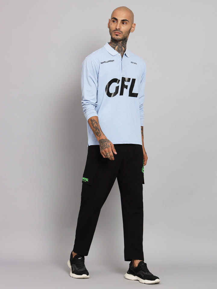 GRIFFEL Men's Sky Blue GFL Printed Cotton Full Sleeve Polo T-shirt - griffel