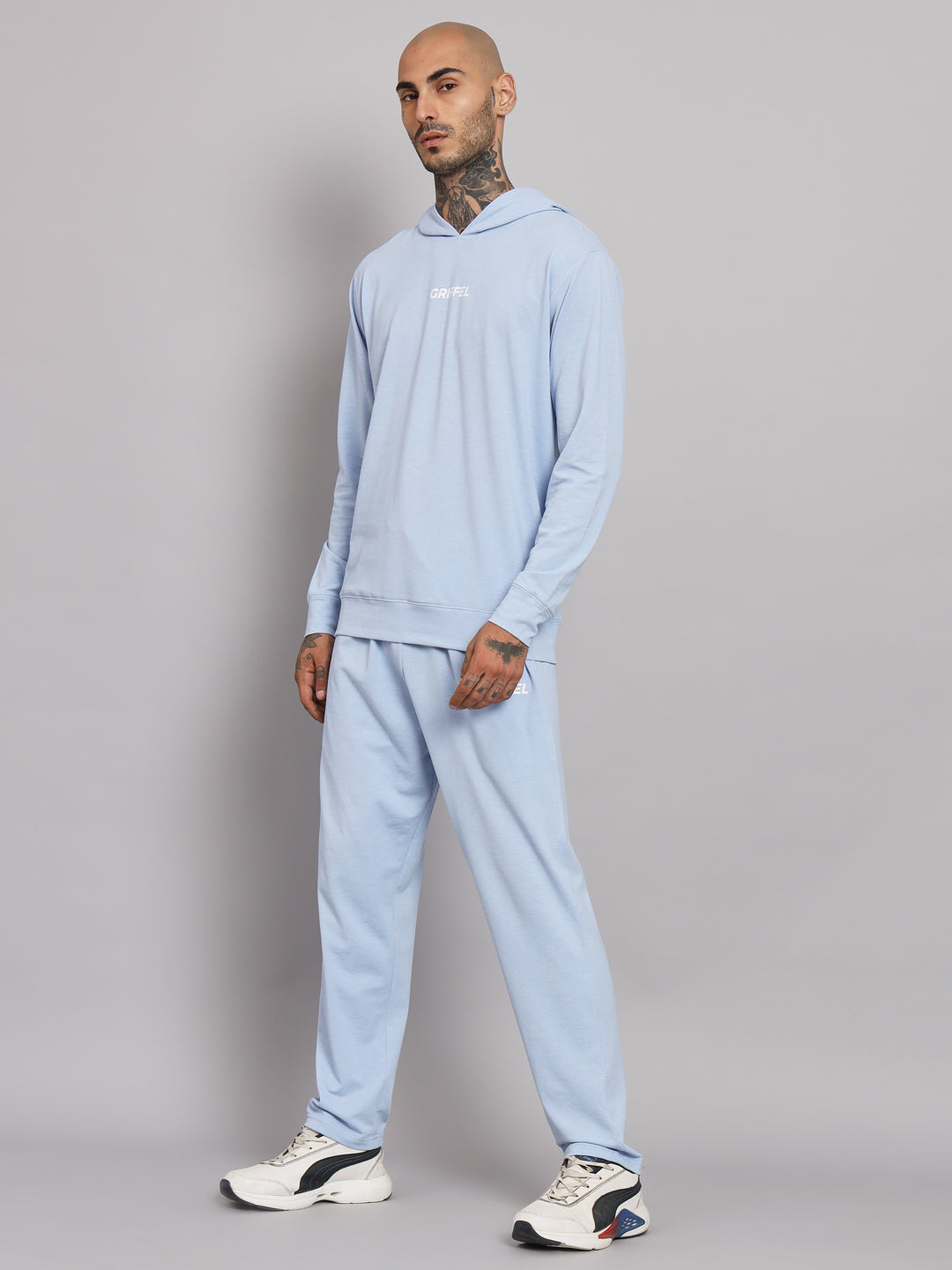 Griffel Men's Pre Winter Front Logo Solid Cotton Basic Hoodie and Joggers Full set Sky Blue Tracksuit