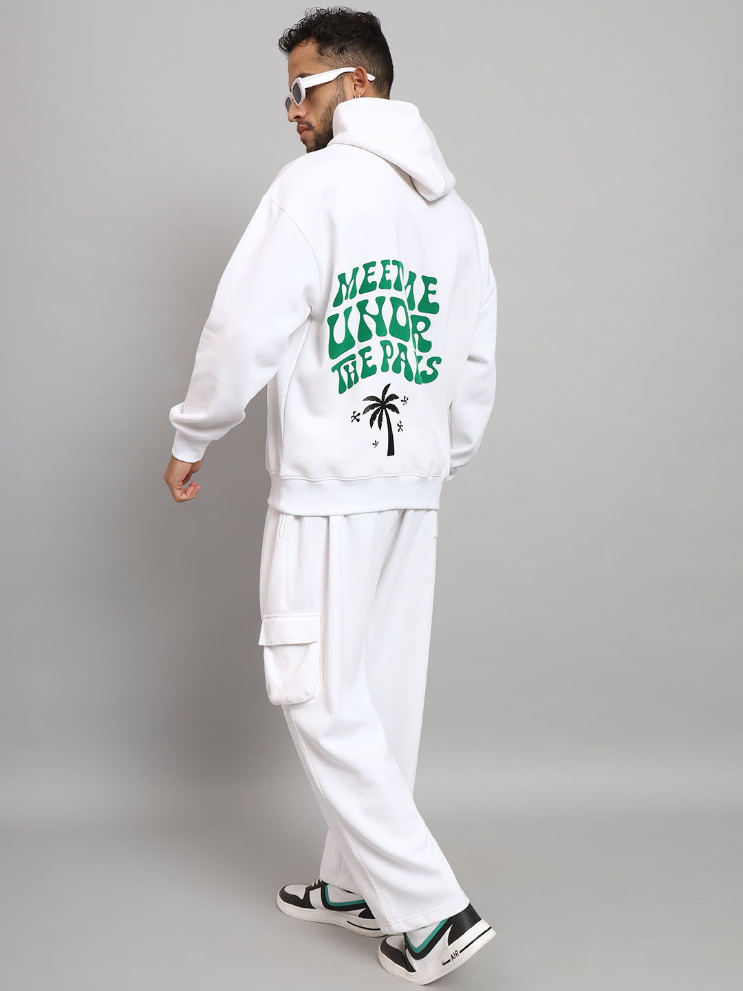 Griffel Men Oversized Fit MEET ME UNDER THE PALM Print 100% Cotton White Fleece Hoodie and trackpant - griffel