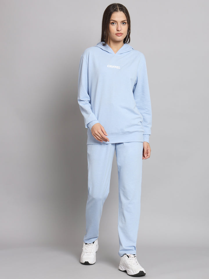 Griffel Women Solid Cotton Matty Basic Hoodie and Joggers Full set Sky Bluel Tracksuit