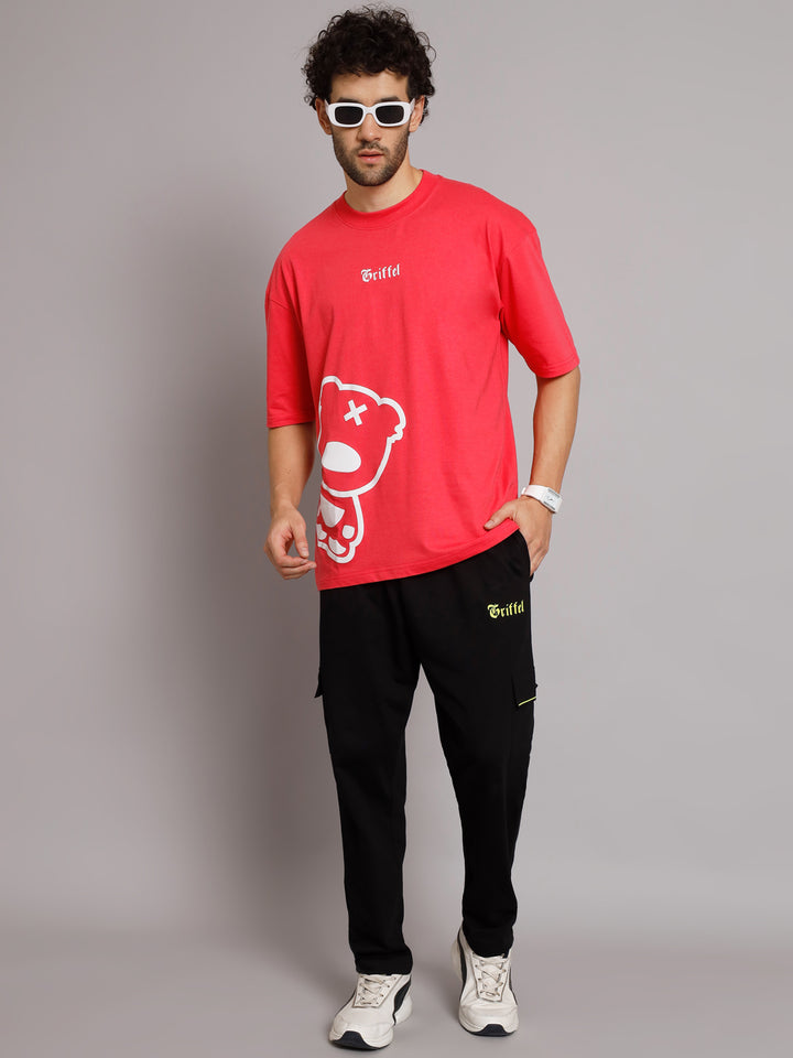 GRIFFEL Men Printed Neon Pink Regular fit T-shirt and Black Trackpant Set