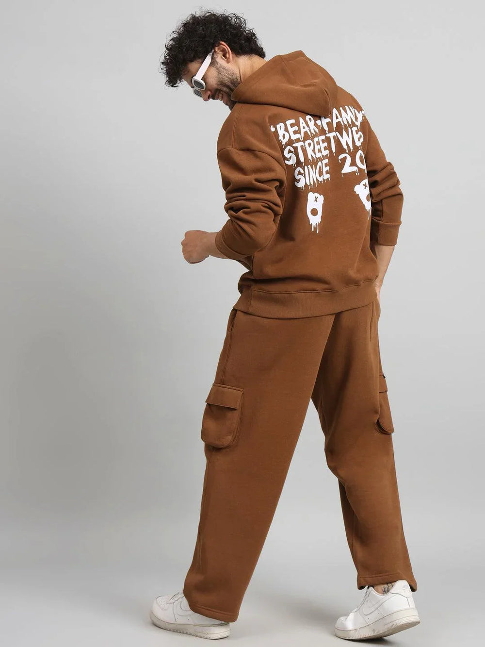 Griffel Men Oversized Fit Bear Family Print Front Logo 100% Cotton Fleece Hoodie and trackpant - griffel