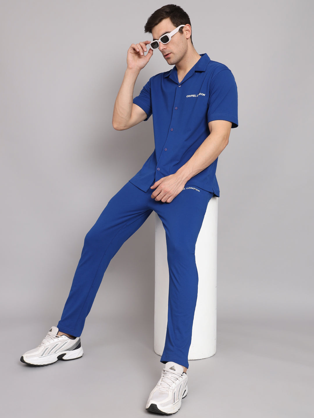 Griffel Men's Pre Winter Front Logo Solid Cotton Basic Royal Bowling Shirt and Joggers Full Co-Ord Set - griffel