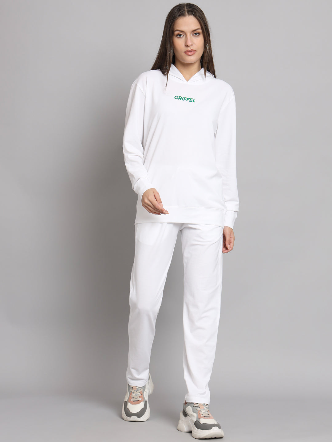 Griffel Women Solid Cotton Matty Basic Hoodie and Joggers Full set White Tracksuit