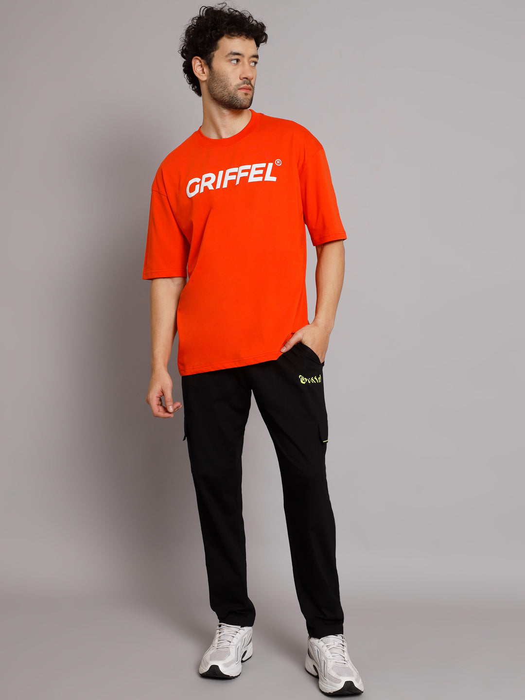 GRIFFEL Men Signature Logo Neon Orange Oversized Drop Shoulder T-shirt - griffel