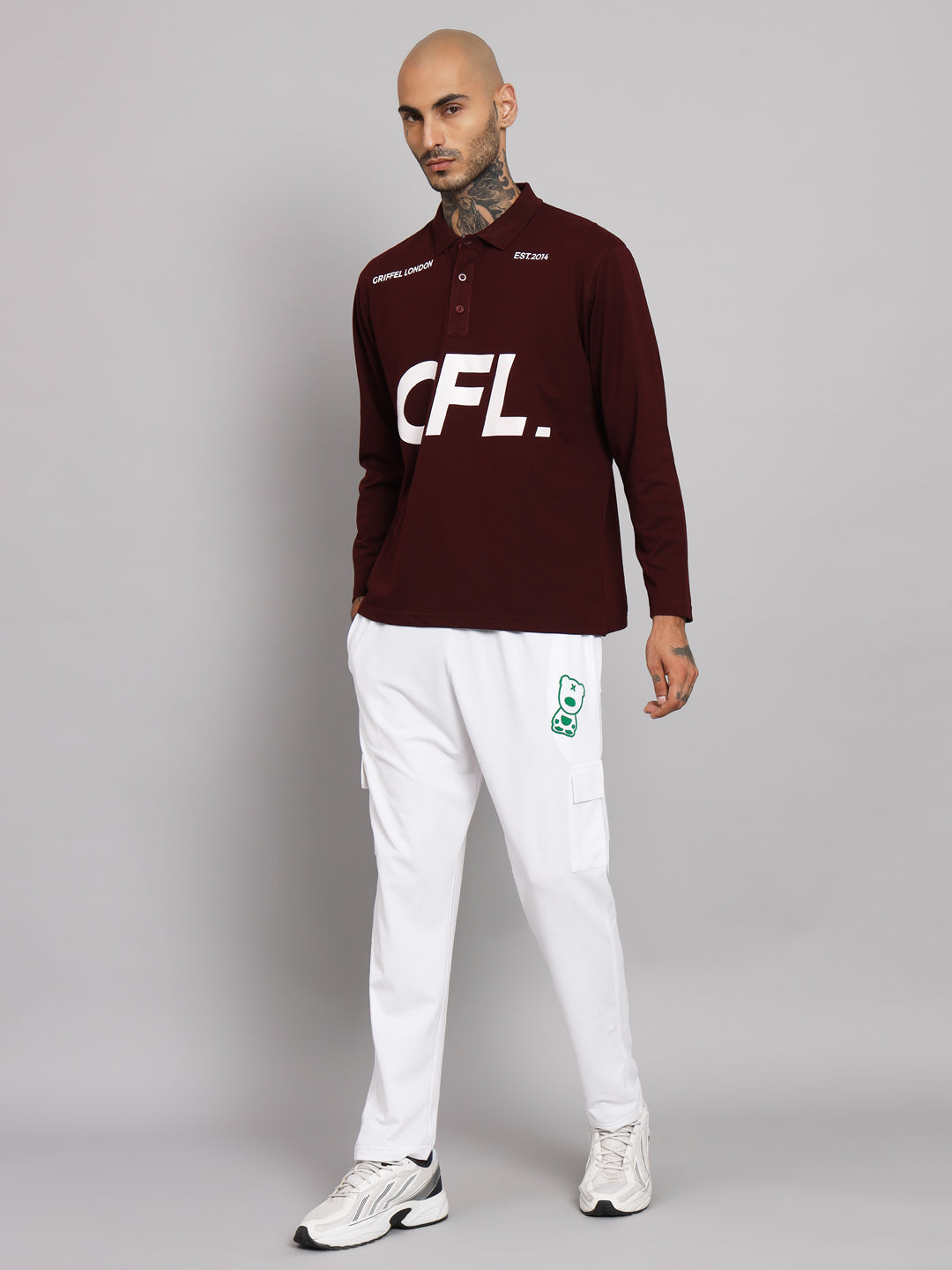 GRIFFEL Men's Maroon GFL Printed Cotton Full Sleeve Polo T-shirt