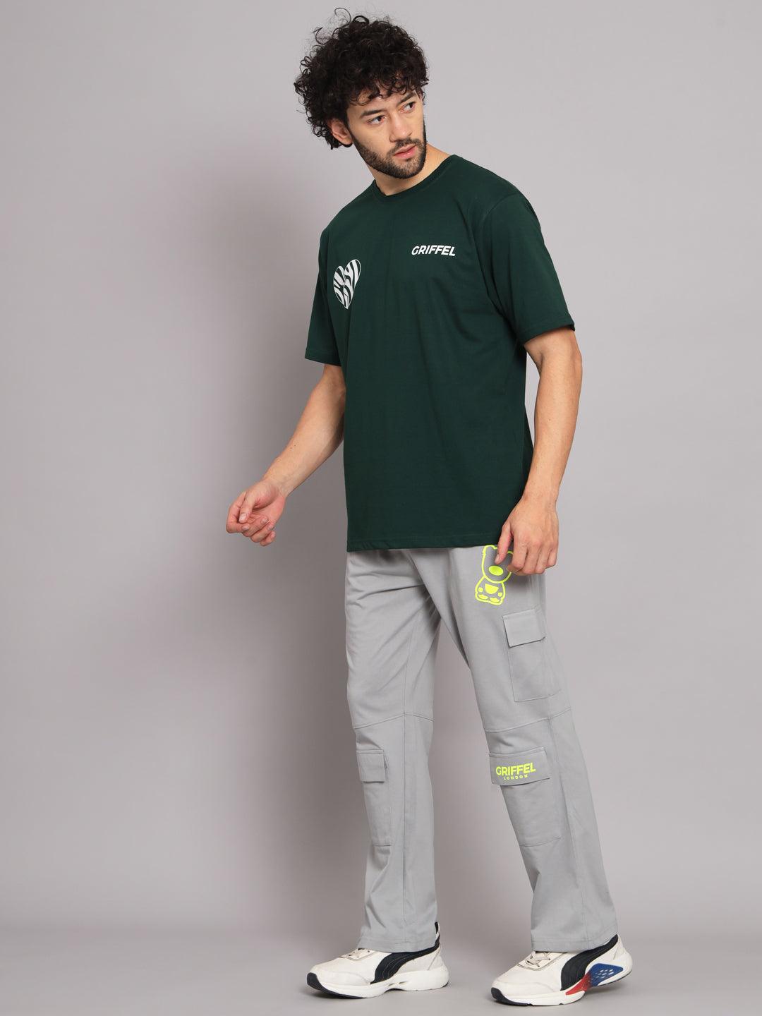 GRIFFEL Men Printed Green Loose fit T-shirt and Bell Bottom Trackpant Set - griffel