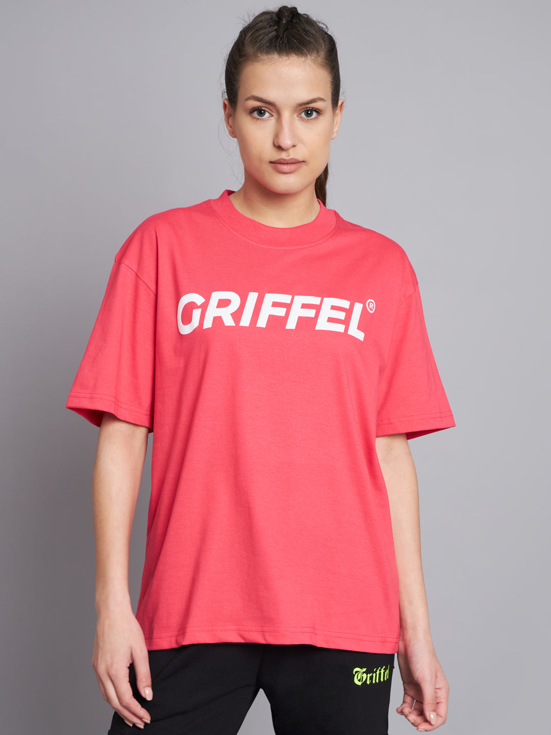 GRIFFEL Women SIGNATURE LOGO Oversized Drop Shoulder Neon Pink T-shirt - griffel