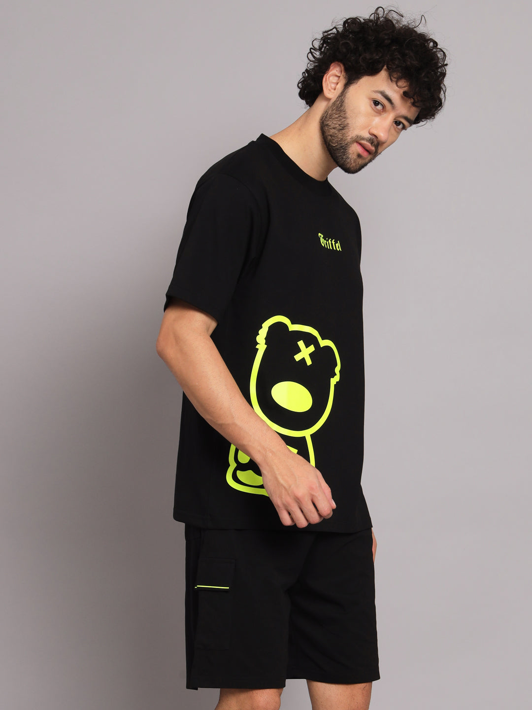 GRIFFEL Men Printed Black Green Loose fit T-shirt and Shorts Set - griffel
