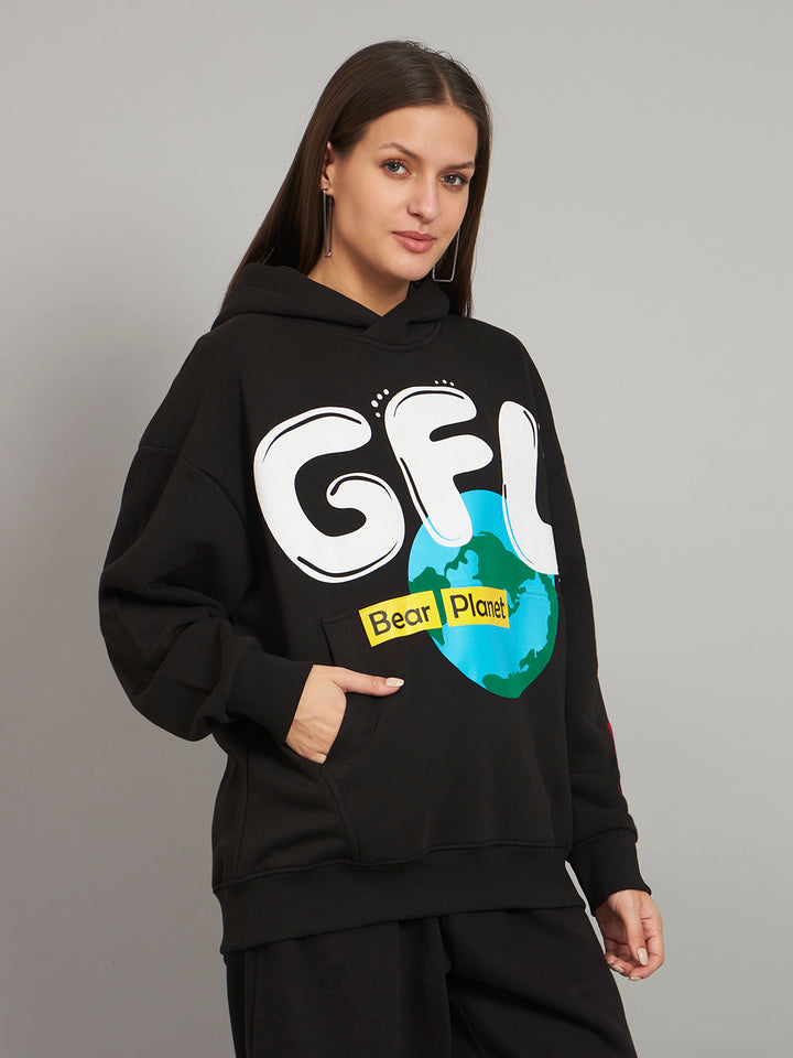 Griffel Women's Black GFL Bear Planet print Oversized Fleece Hoodie Sweatshirt