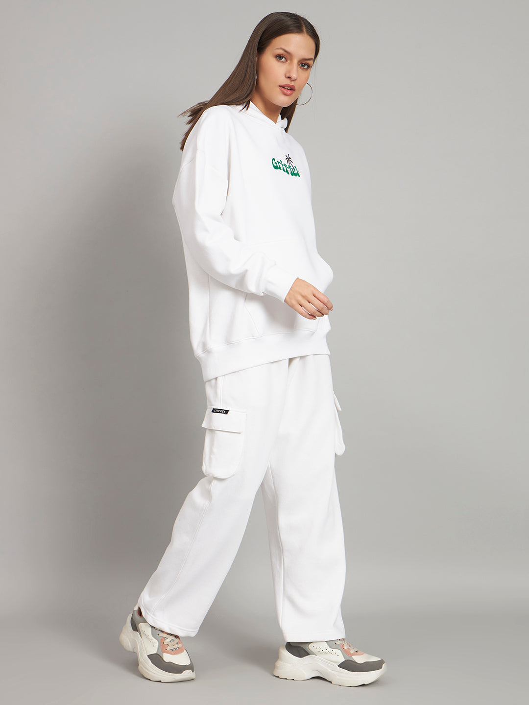 Griffel Women Oversized Fit MEET ME UNDER THE PALMS 100% Cotton White Fleece Hoodie and trackpant - griffel