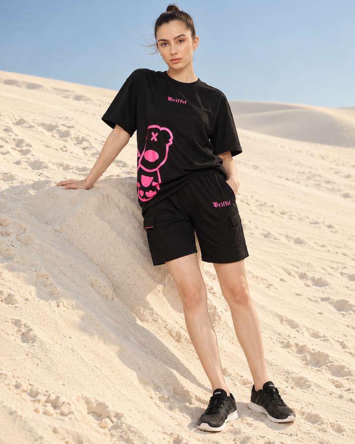 Side Teddy in Pink Oversized  fit Black T-shirt and Shorts Co-ord Set 🧸
