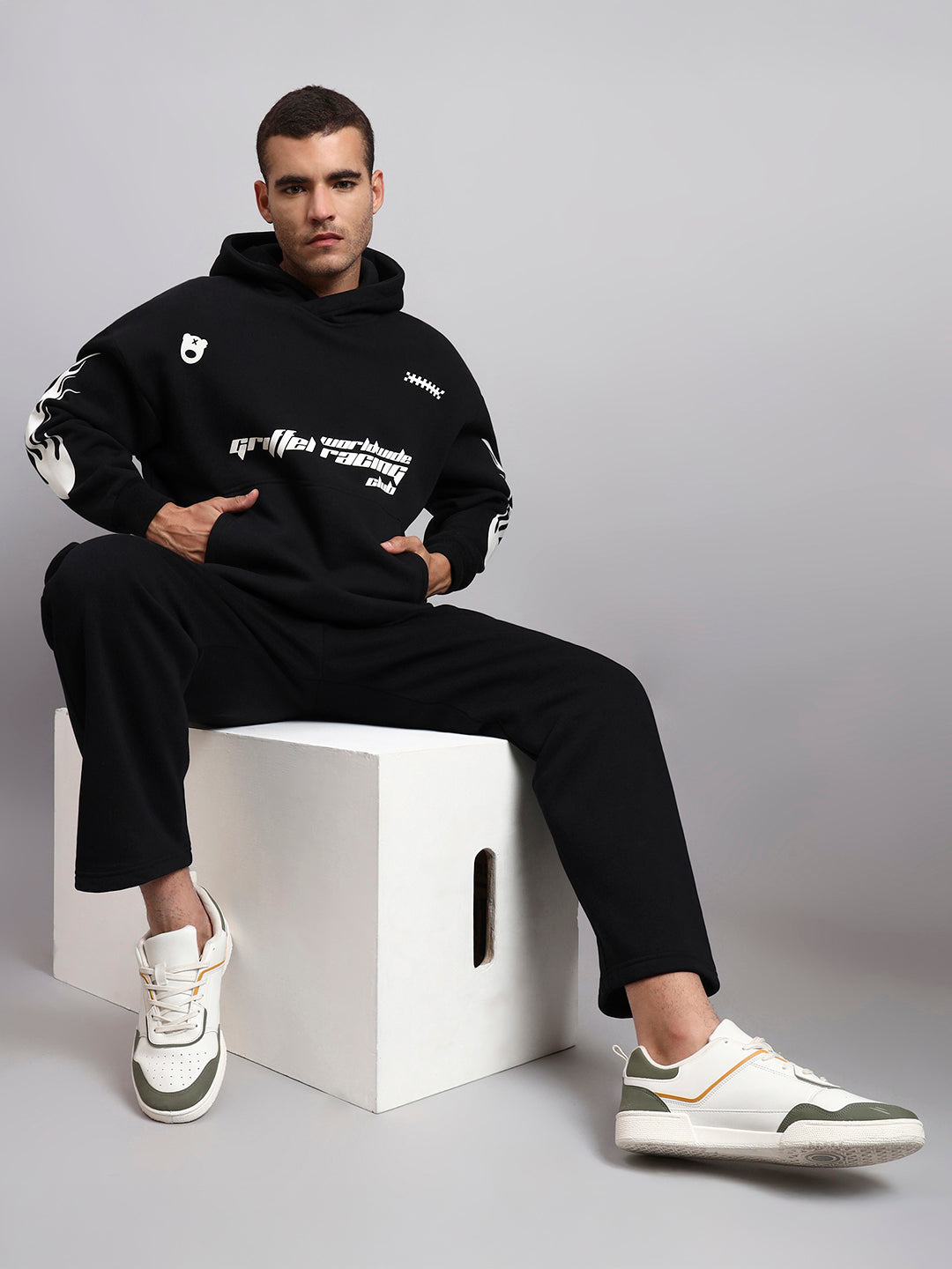 Racing Club Oversized Black Cotton Fleece Hoodie 🏁