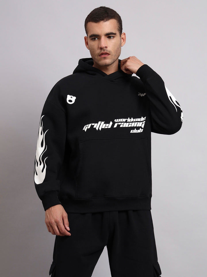 Racing Club Oversized Black Cotton Fleece Hoodie 🏁