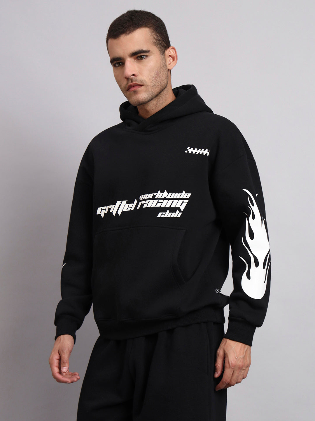 Racing Club Oversized Black Cotton Fleece Hoodie 🏁