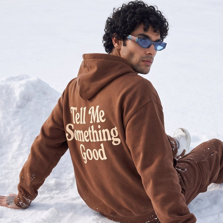 TELL ME SOMETHING GOOD Oversized cotton Fleece Brown Hoodie ☺️