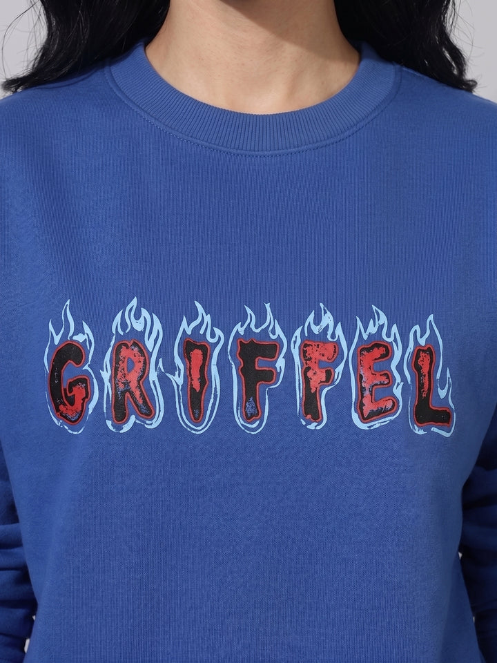 COLD BURN Cotton Fleece Oversized Round Neck Royal Blue Sweatshirt For Women
