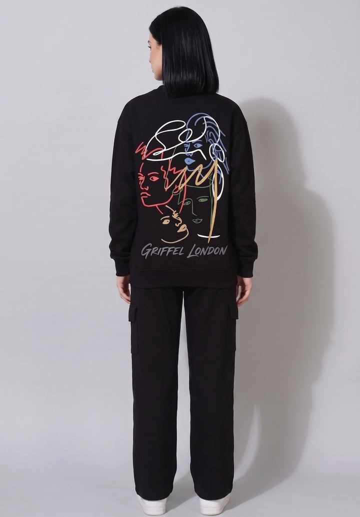 Abstract Oversized Cotton Fleece Black Sweatshirt