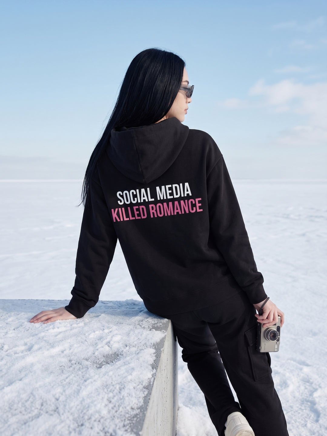 Social Media Killed Romance Oversized Cotton Fleece Black Hoodie