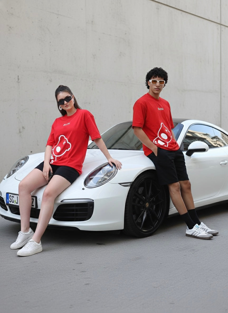 Red Love Side Teddy Oversized T-shirt Combo 🧸