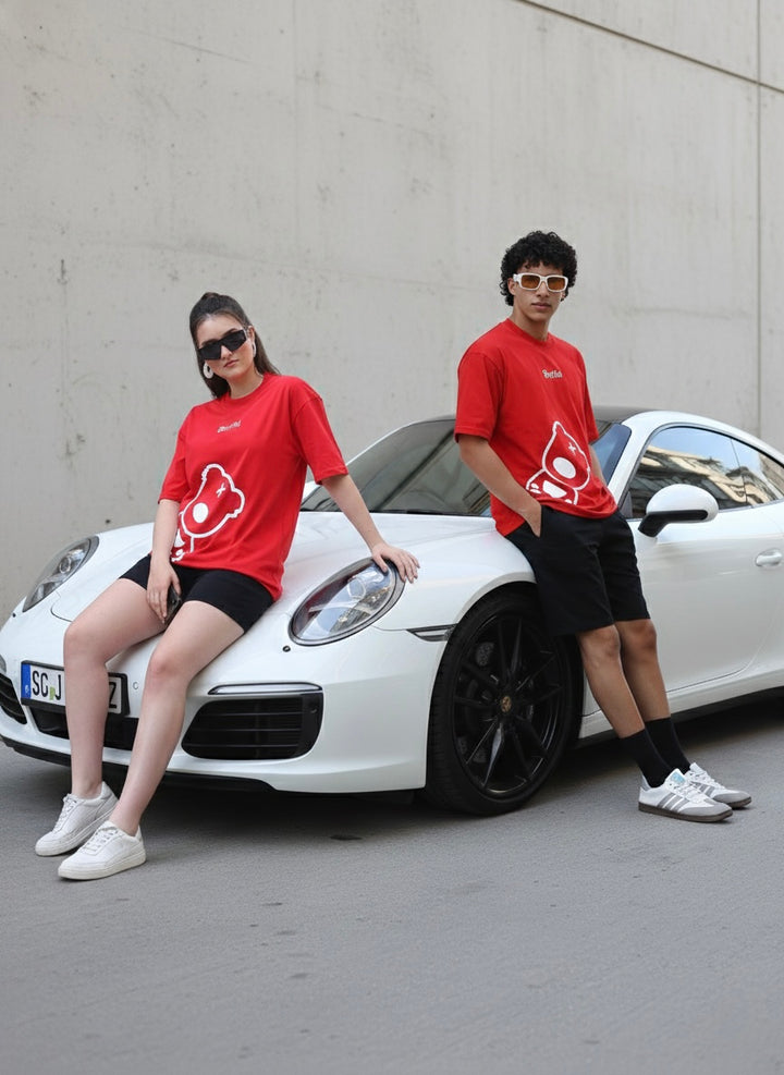 Red Love Side Teddy Oversized T-shirt Combo 🧸