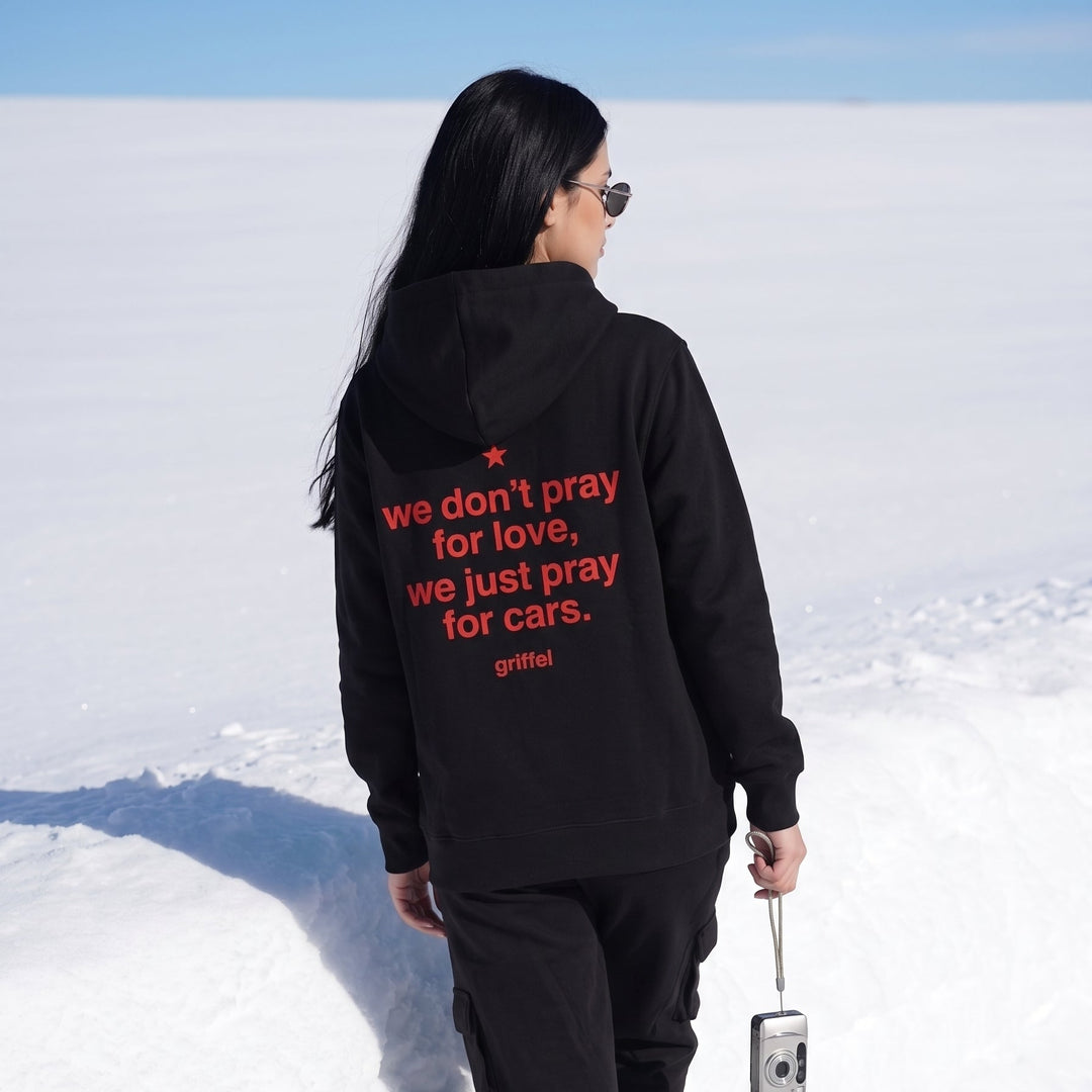 PRAY FOR CARS Oversized Cotton Fleece Black Hoodie For Women