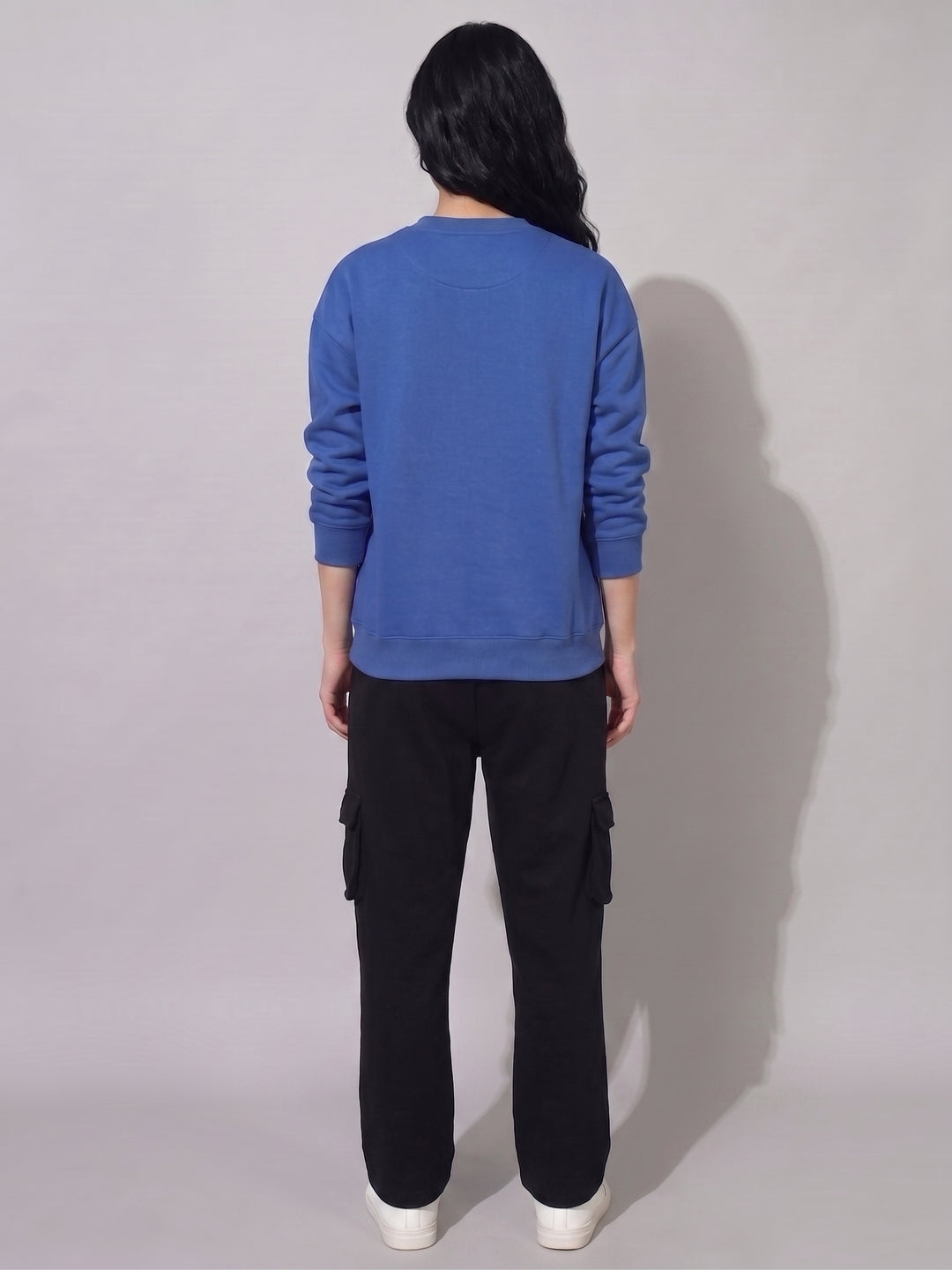 COLD BURN Cotton Fleece Oversized Round Neck Royal Blue Sweatshirt For Women