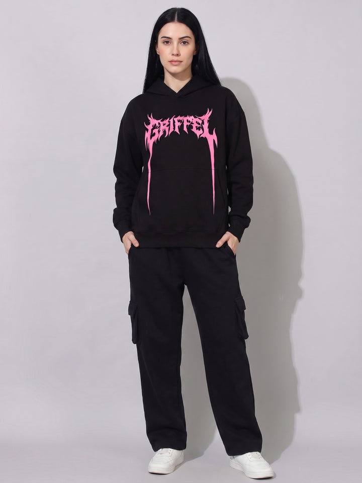 SHOCKWAVE Oversized Cotton Fleece Black Hoodie For Women